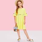 Shein Girls Flounce Sleeve Pompom Embellished Smock Dress