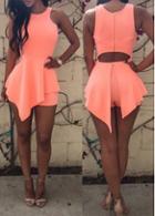 Rosewe Pink Back Zipper Fly Cutout Waist Mini Romper