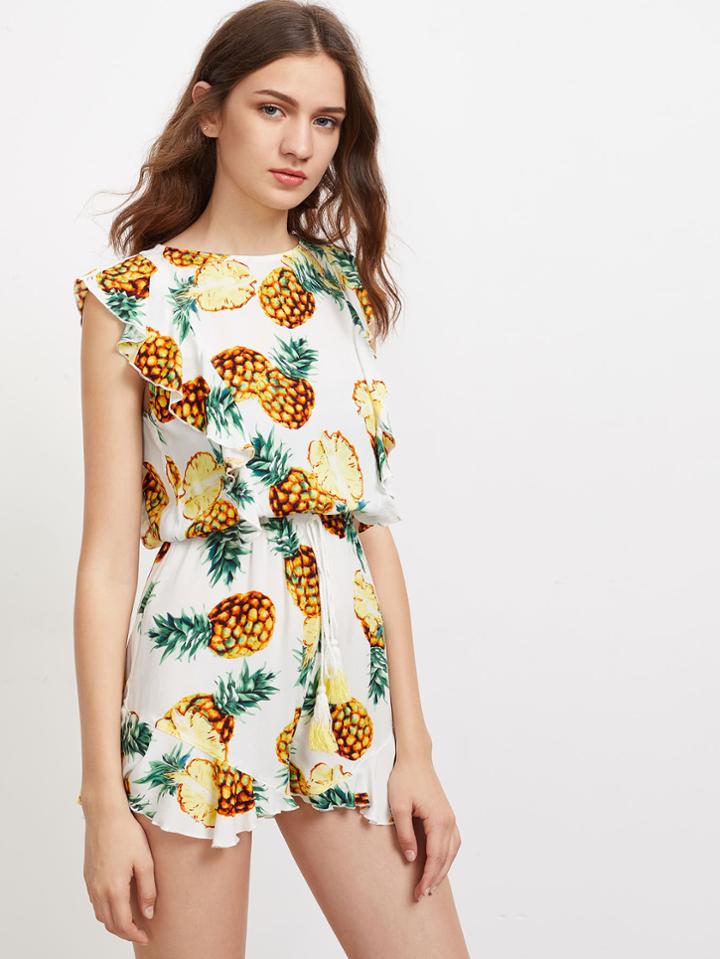Shein Pineapple Print Flutter Sleeve Split Back Blouson Romper