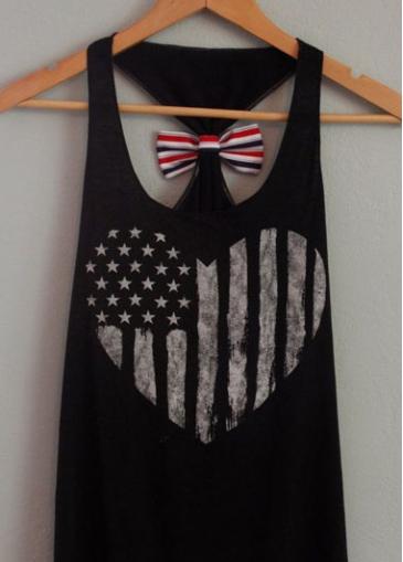Rosewe Bowknot Decorated Flag Print Black Loose Tank Top