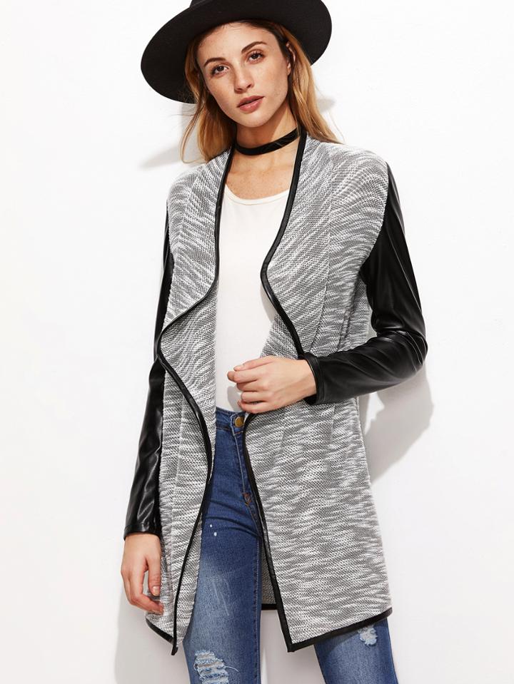 Shein Grey Marled Knit Waterfall Collar Contrast Coated Sleeve Coat