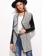 Shein Grey Marled Knit Waterfall Collar Contrast Coated Sleeve Coat