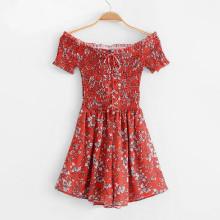 Shein Shirred Bardot Lace Up Calico Print Romper