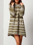 Shein Grey Drawstring Hooded Striped Slit Back Dress
