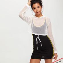 Shein Drawstring Hem Sheer Crop Hoodie