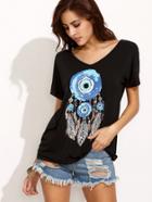 Shein Dream-catcher Print In Black V Neck T-shirt