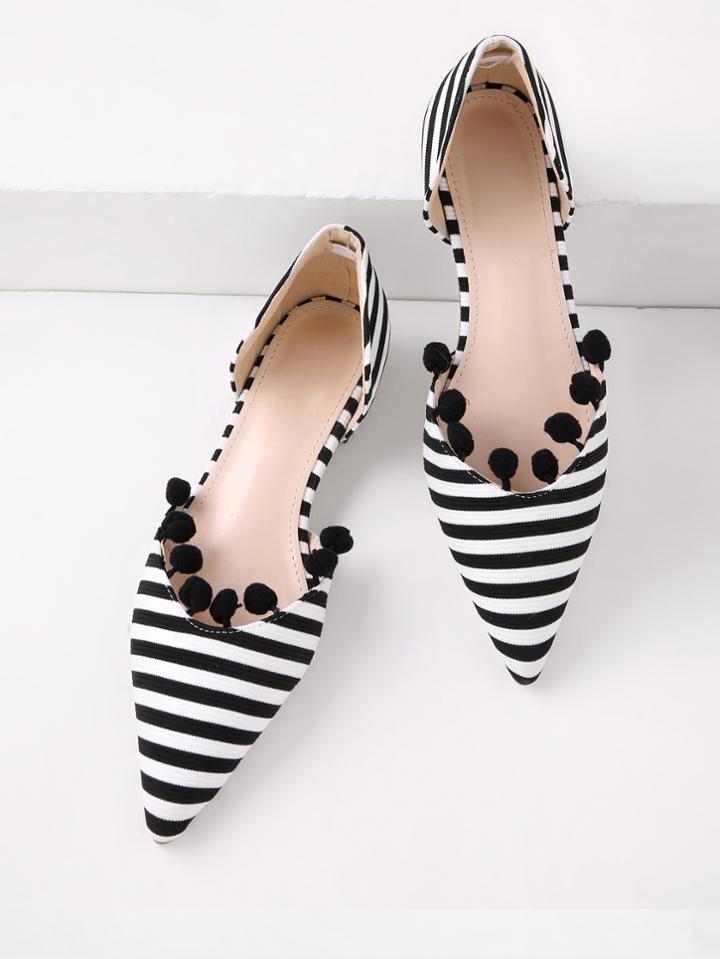 Shein Pom Pom Embellished Pointed Toe Striped Flats