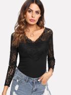 Shein Contrast Lace Scalloped Trim Ribbed Tee