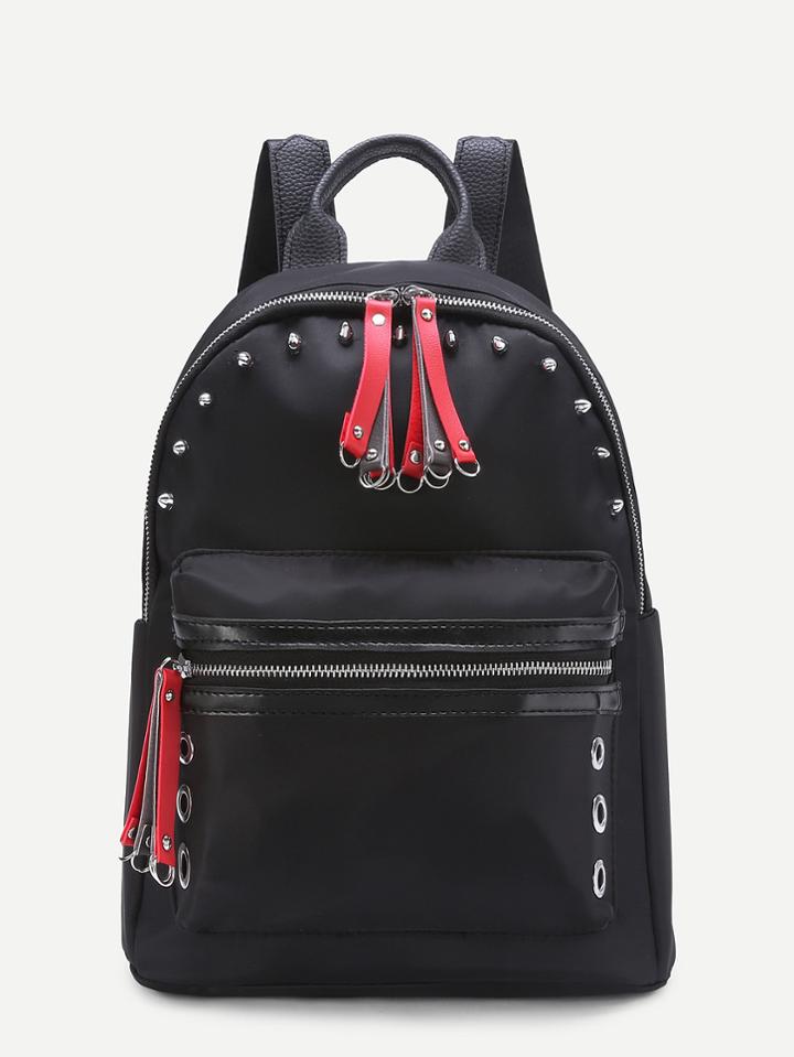Shein Contrast Zipper Nylon Backpack With Studded