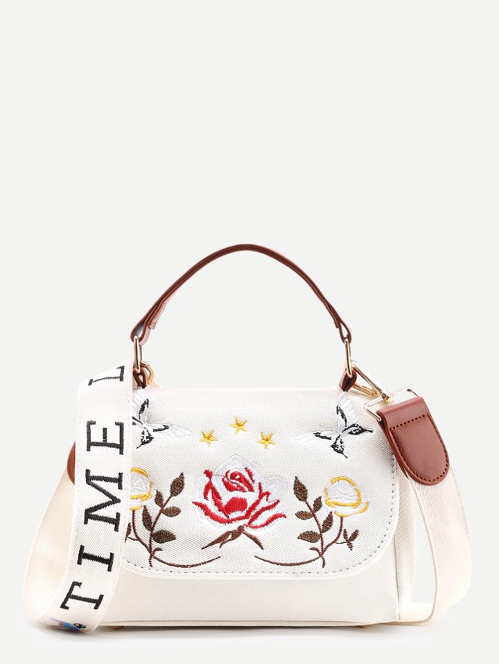 Shein Flower Embroidery Denim Shoulder Bag With Handle