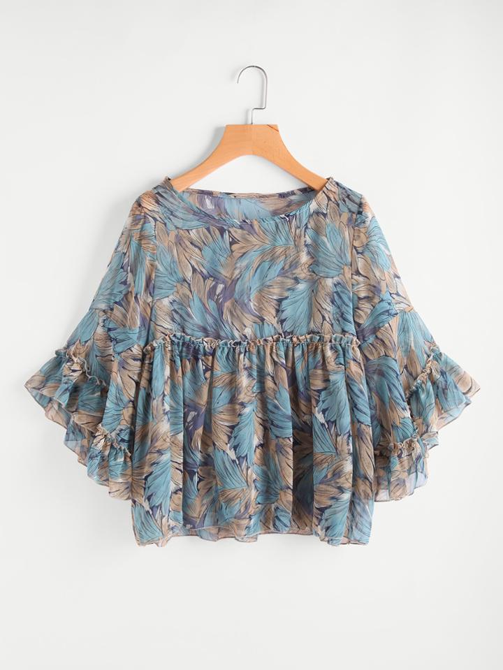 Shein Frill Trim Random Print Chiffon Blouse