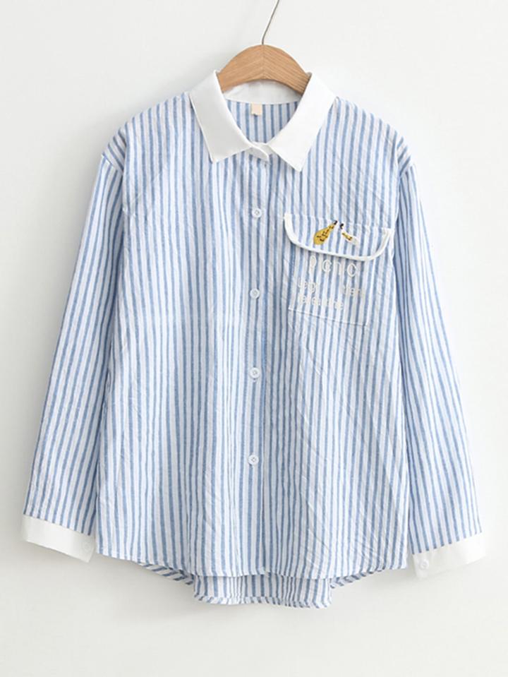 Shein Vertical Striped Embroidery Detail Contrast Collar Blouse
