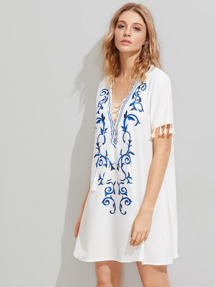 Shein Plunging V-neckline Tassel Trim Printed Dress