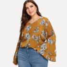 Shein Plus Fluted Sleeve Floral Blouse