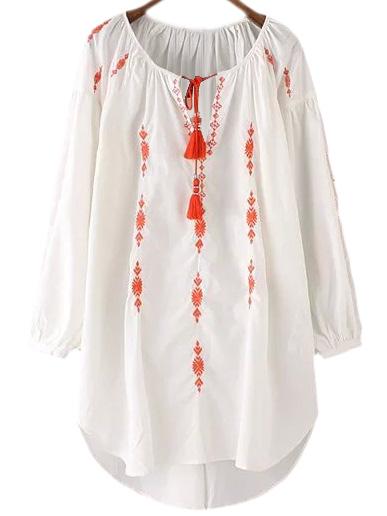 Shein White Lantern Sleeve Contrast Tie Neck Tassel Shift Dress
