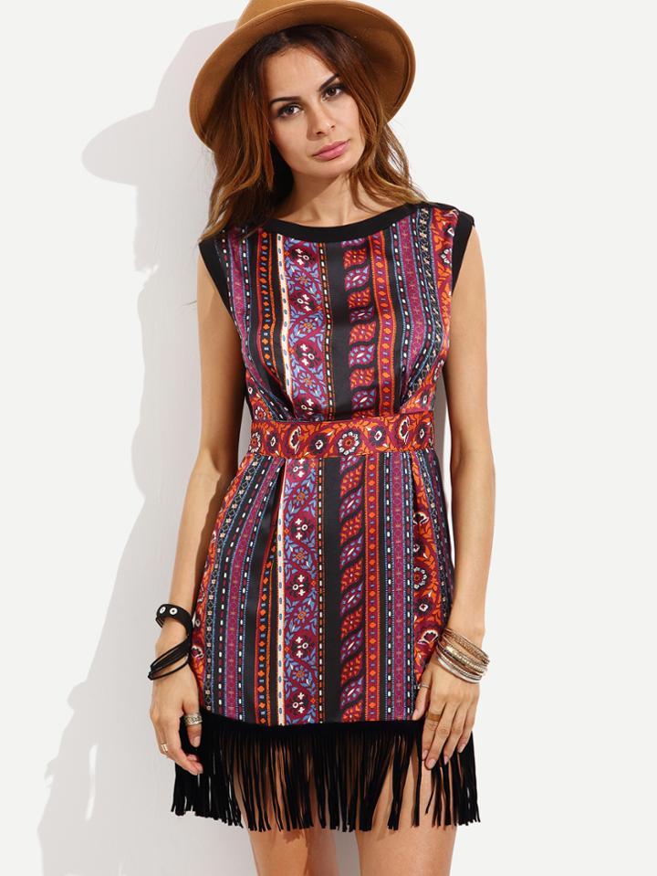 Shein Contrast Tassel Trimmed Tribal Print Dress