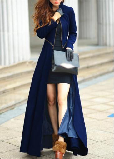 Rosewe Graceful Long Sleeve Mandarin Collar Navy Blue Maxi Coat