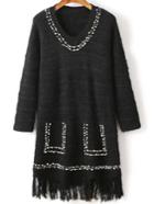 Shein Black Beaded V Neck Fringe Hem Sweater Dress