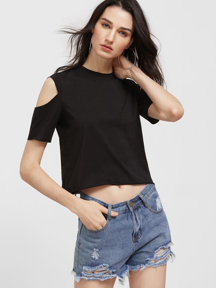 Shein Black Open Shoulder Crop T-shirt