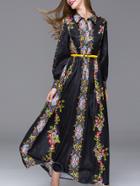 Shein Black Lapel Long Sleeve Hollow Drawstring Print Dress