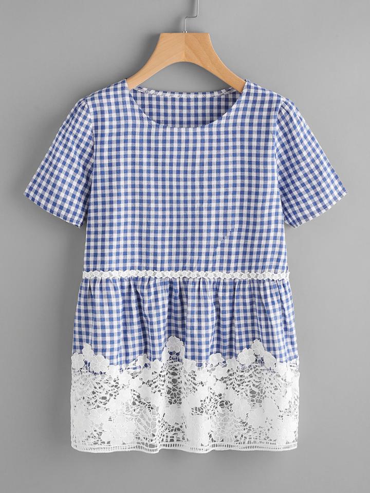 Shein Contrast Crochet Hem Gingham Blouse