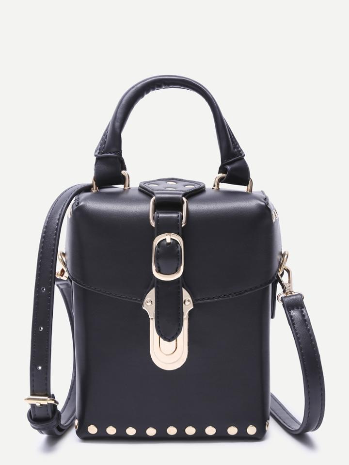 Shein Black Faux Leather Buckle Strap Studded Boxy Shoulder Bag