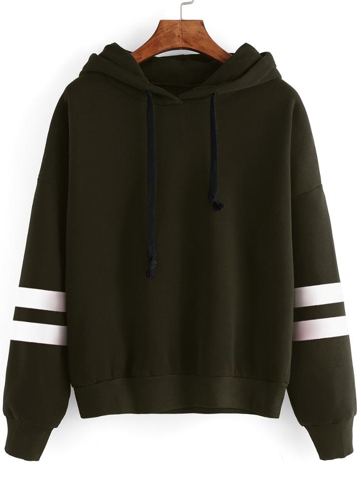 Shein Army Green Hooded Striped Sweatshirt