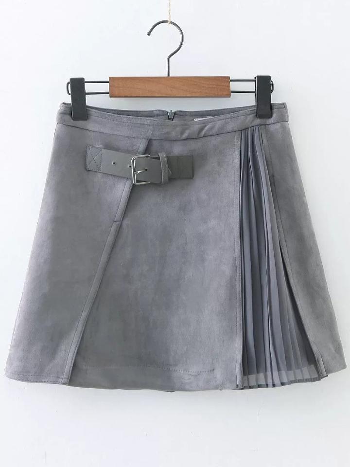 Shein Grey Pleated A Line Suede Skirt With Buckle