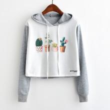 Shein Cactus Print Contrast Sleeve Hoodie
