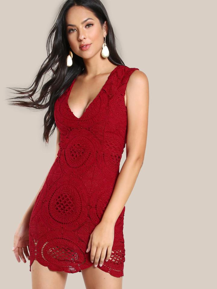 Shein Plunge Neck Scalloped Hem Lace Dress