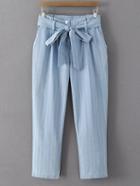 Shein Blue Stripe Zipper Pockets Cropped Pants With Belt