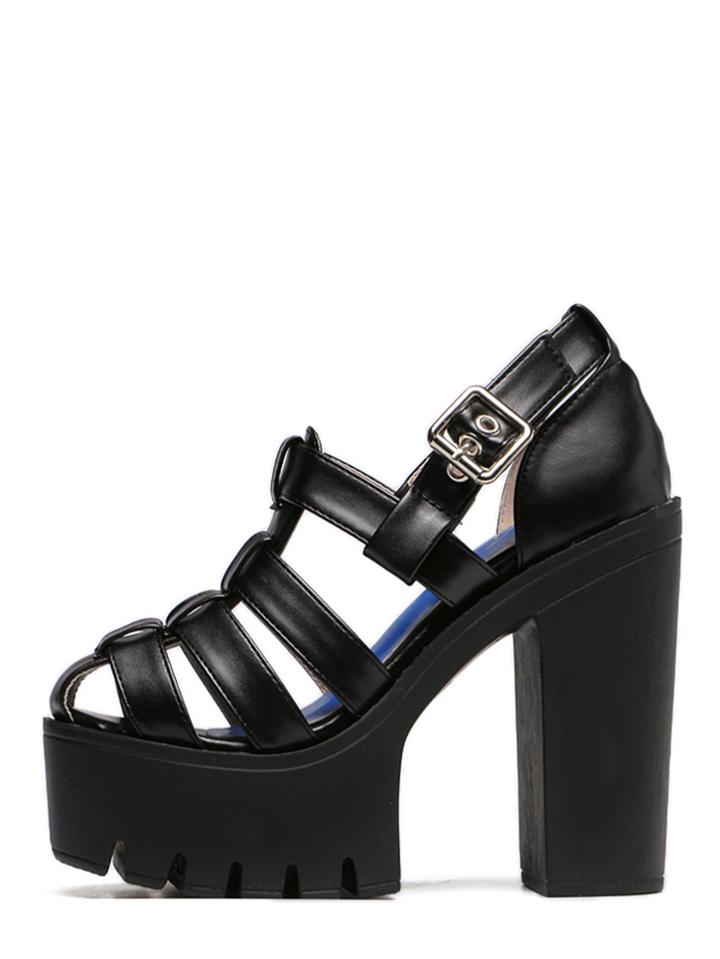 Shein Black Buckle Platform Chunky Caged Pumps