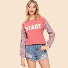 Shein Drop Shoulder Gingham Sleeve Tee