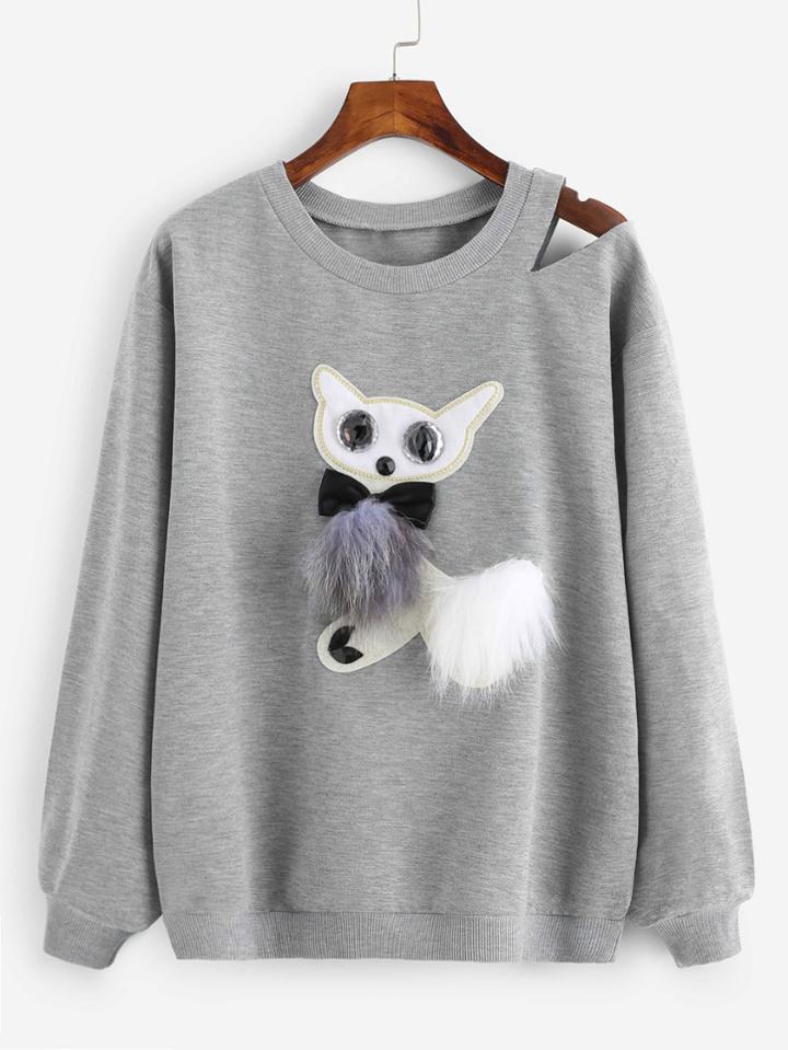Shein Contrast Faux Fur Fox Slash Pullover