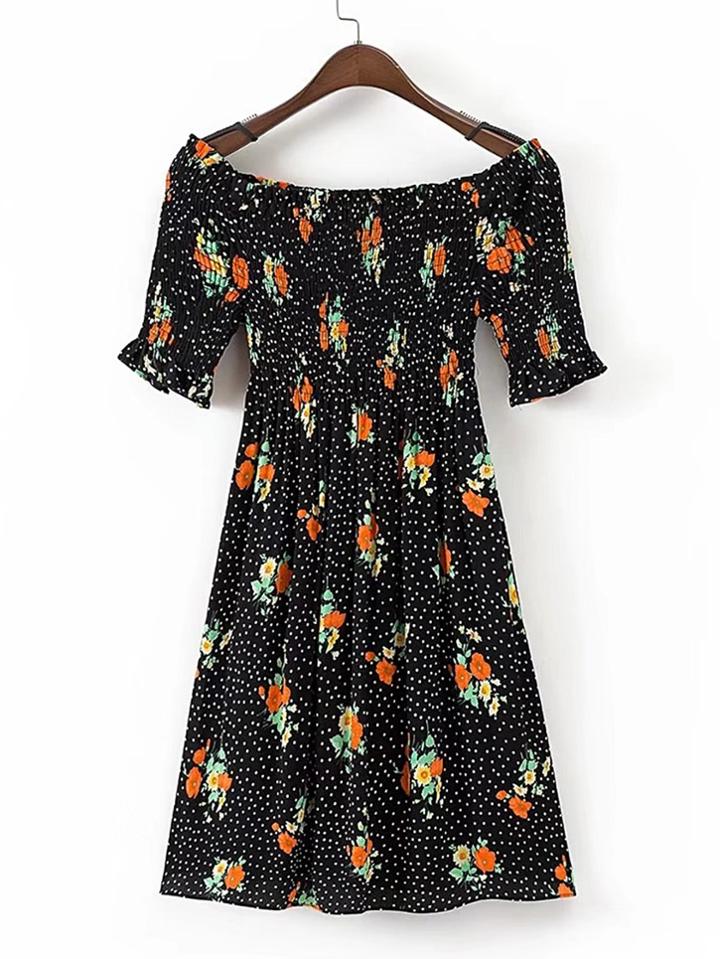 Shein Boat Neckline Shirred Detail Polka Dot Dress