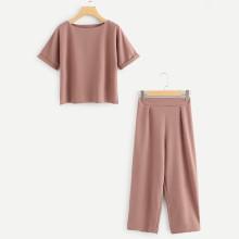 Shein Solid Rolled Cuff Top With Pants