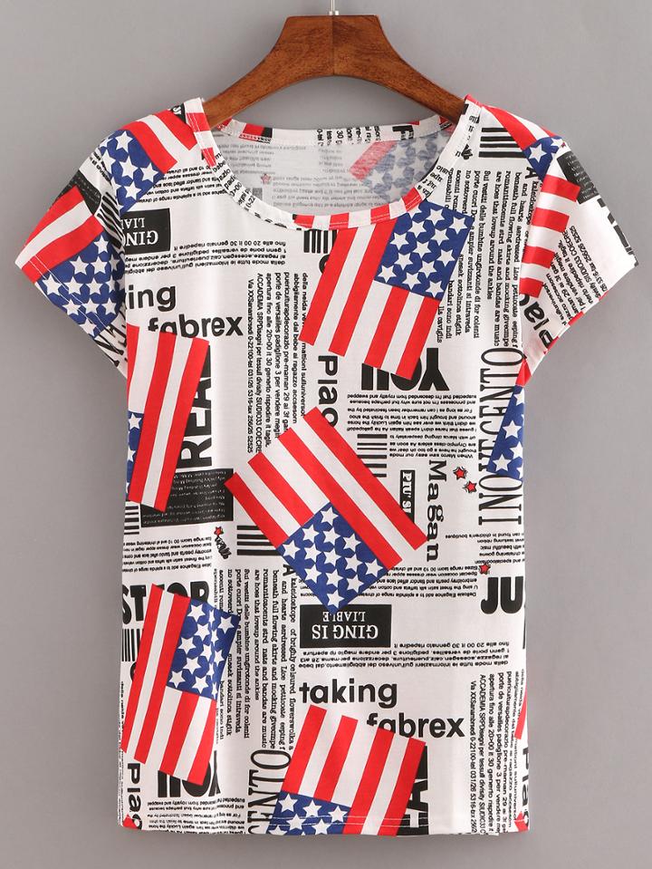 Shein Usa Flag Letters Print T-shirt