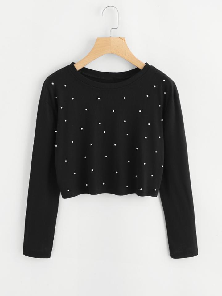Shein Pearl Beading Crop Tee
