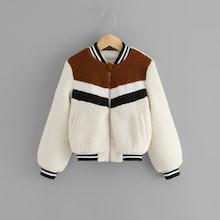 Shein Girls Cut And Sew Chevron Teddy Jacket