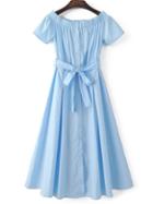 Shein Blue Off The Shoulder Pleated Dress With Sashes