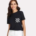 Shein Striped Pocket Patched Paper Thin Tee