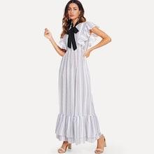 Shein Tie Neck Ruffle Armhole Layered Hem Striped Dress