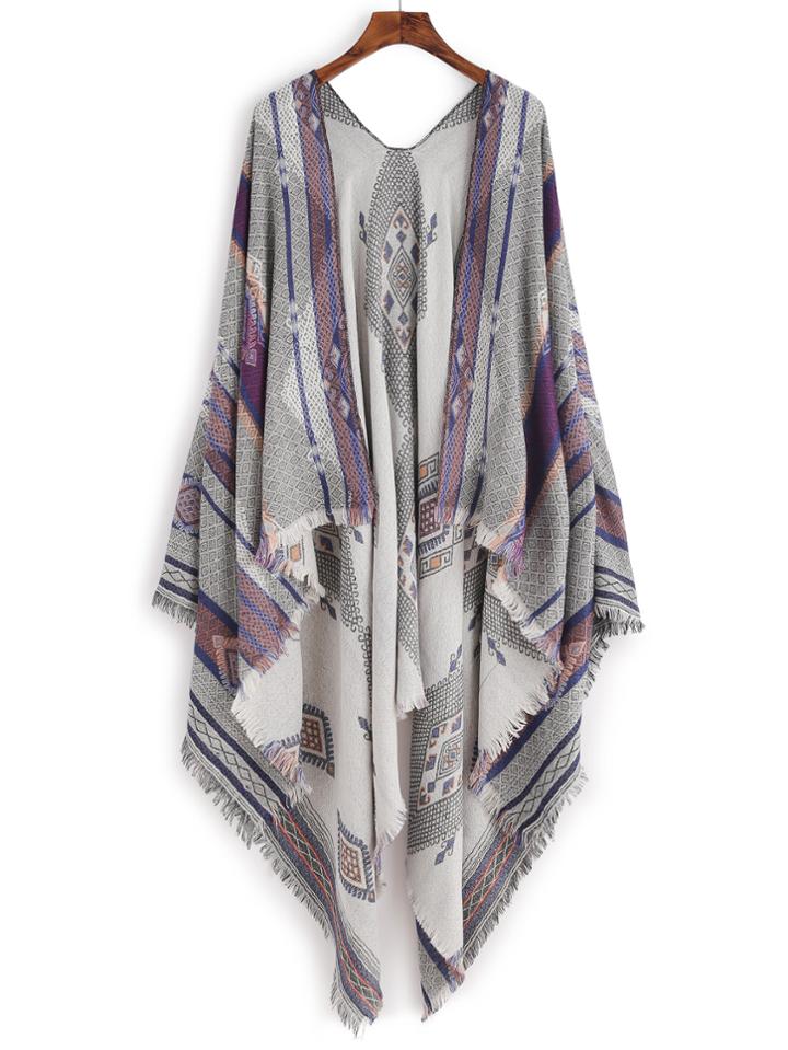 Shein Grey Tone Print Raw Edge Shawl Scarf