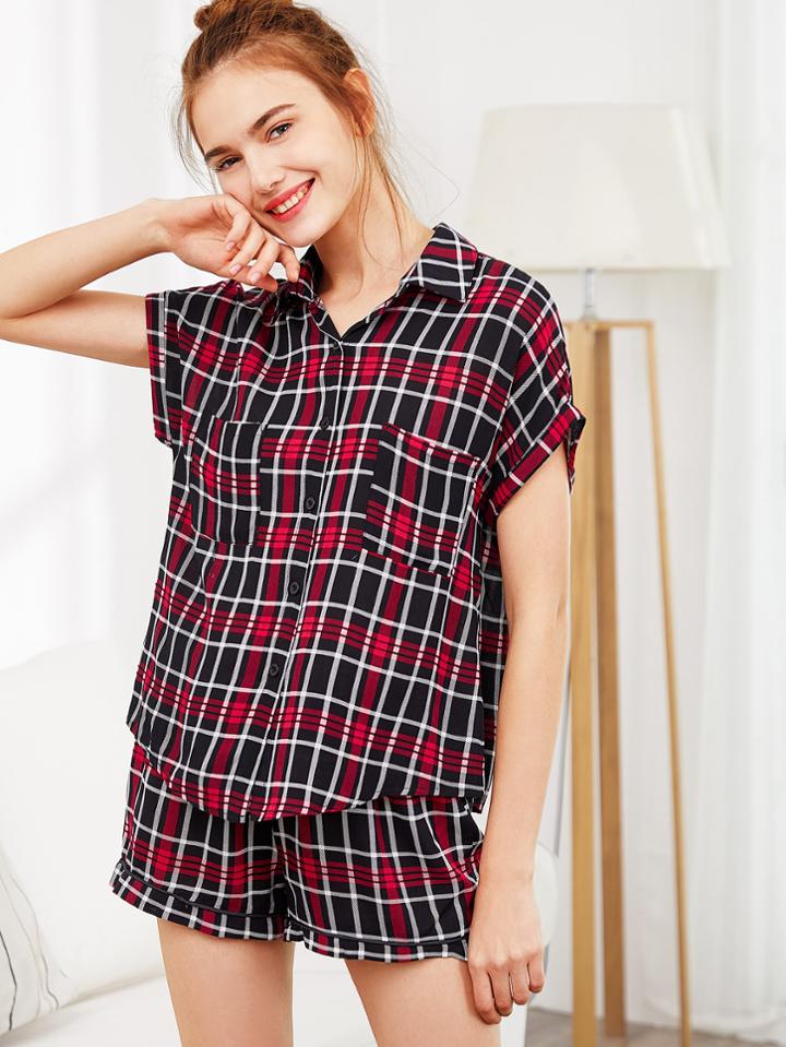 Shein Plaid Top & Shorts Pajama Set