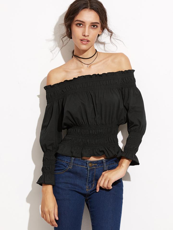 Shein Black Off The Shoulder Elastic Ruffle Top