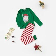 Shein Girls Santa Print Tee & Striped Pants Set