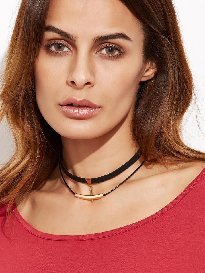 Shein Black Double Layer Metal Trim Choker Necklace