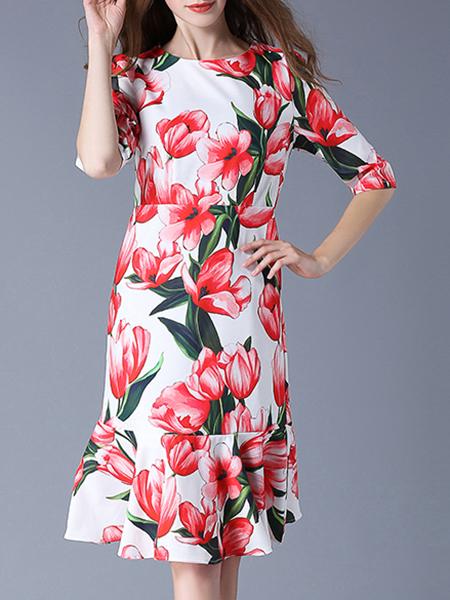 Shein Red Flowers Print Frill Dress
