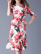 Shein Red Flowers Print Frill Dress