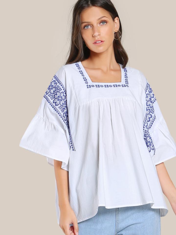 Shein Stitched Ruffle Sleeve Top White